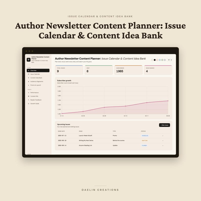 Planificador de contenido para el boletín informativo del autor / Calendario de publicaciones / Banco de ideas de contenido / Segmentación, seguimiento y lanzamiento imagen 2