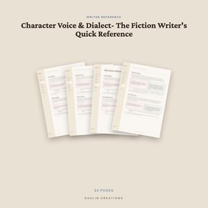 May include: A 24-page writer reference guide titled Character Voice & Dialect- The Fiction Writer's Quick Reference by Daelin Creations. The document features four overlapping white pages with dark text and light pink accents on a beige background.