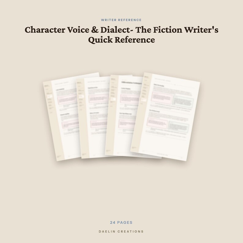 May include: A 24-page writer reference guide titled Character Voice & Dialect- The Fiction Writer's Quick Reference by Daelin Creations. The document features four overlapping white pages with dark text and light pink accents on a beige background.