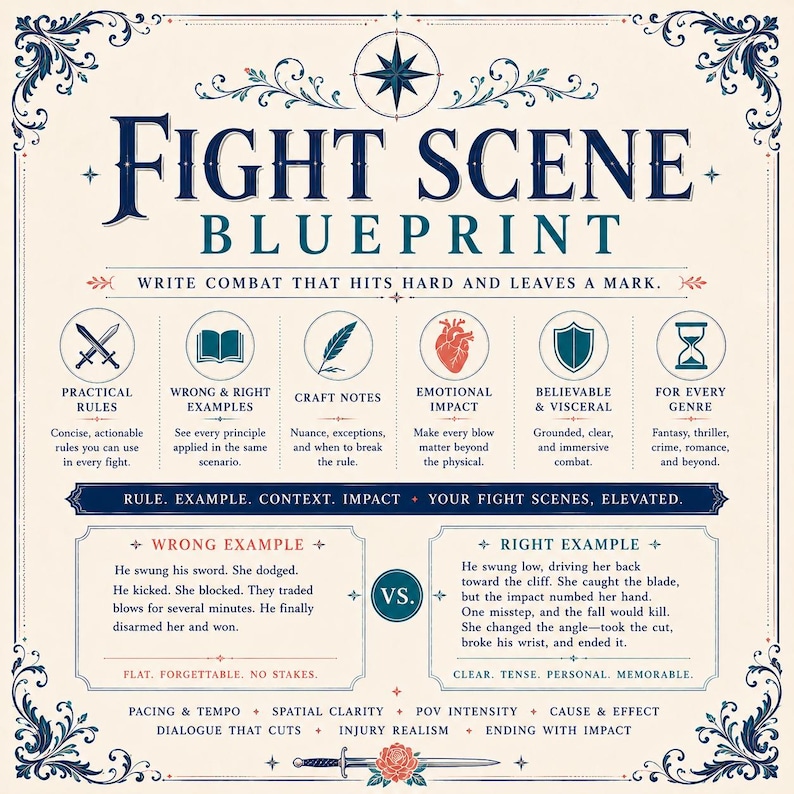 May include: A Fight Scene Blueprint infographic on a cream background with dark blue text and ornate borders. It features sections for practical rules, examples, craft notes, emotional impact, and genre tips, plus a comparison of writing styles.