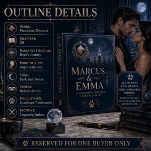 May include: A dark blue book titled "Marcus & Emma" with a wolf emblem, a cityscape, and the text "A Paranormal Romance Story Blueprint." The image includes a crystal ball, a pen, and text detailing the book's genre, tropes, and narrative structure.