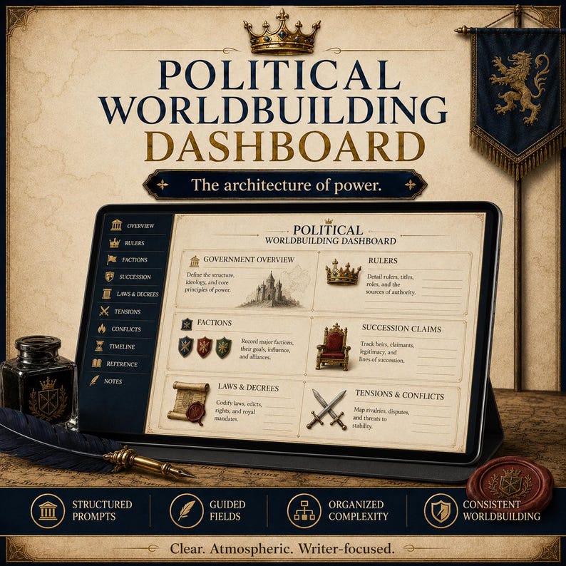 Worldbuilding Bible Political Systems Dashboard | Interactive Fiction Writing Tool | Fantasy World Builder | Novel Planning image 2