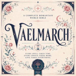 Puede incluir: Un gr&aacute;fico cuadrado con el t&iacute;tulo VAELMARCH en letras serif azul oscuro, con el texto A COMPLETE ROMANTASY WORLD BIBLE arriba y EVERY SPELL TAKES TIME. EVERY CHOICE TAKES MORE. LOVE TAKES EVERYTHING. abajo, enmarcado por rosas rosadas.