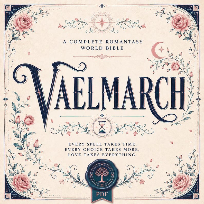 Puede incluir: Un gr&aacute;fico cuadrado con el t&iacute;tulo VAELMARCH en letras serif azul oscuro, con el texto A COMPLETE ROMANTASY WORLD BIBLE arriba y EVERY SPELL TAKES TIME. EVERY CHOICE TAKES MORE. LOVE TAKES EVERYTHING. abajo, enmarcado por rosas rosadas.