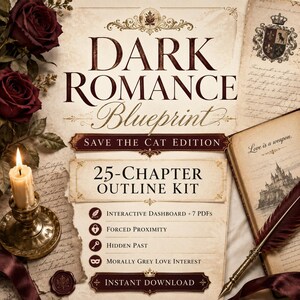 Op de afbeelding: Een digitale productflyer getiteld Dark Romance Blueprint Save The Cat Edition 25-Chapter Outline Kit. Het bevat donkerrode rozen, een brandende kaars in een koperen houder, een ganzenveer en een open boek met de tekst Love is a weapon.