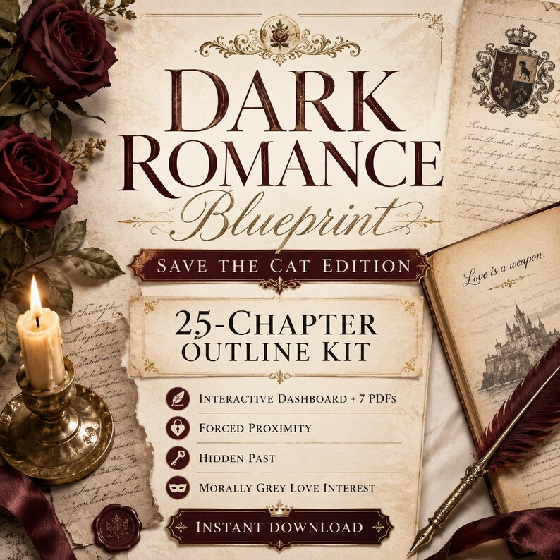 Op de afbeelding: Een digitale productflyer getiteld Dark Romance Blueprint Save The Cat Edition 25-Chapter Outline Kit. Het bevat donkerrode rozen, een brandende kaars in een koperen houder, een ganzenveer en een open boek met de tekst Love is a weapon.