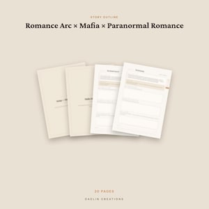 May include: A set of 20 pages titled Story Outline Romance Arc x Mafia x Paranormal Romance by Daelin Creations. The document features a light beige background with four stacked paper sheets, two of which display structured text fields.