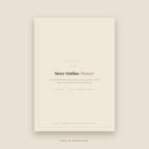 May include: A beige digital Story Outline Planner page with dark text. It features the title Story Outline Planner, a description of a beat-by-beat skeleton for romance and mafia stories, and the text 14 CHAPTERS GOODNOTES READY DAELINCREATIONS.ETSY.COM.