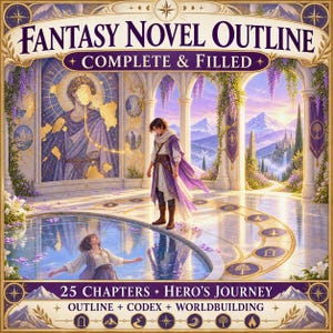 May include: A digital graphic titled FANTASY NOVEL OUTLINE COMPLETE & FILLED, 25 CHAPTERS + HERO'S JOURNEY, OUTLINE + CODEX + WORLDBUILDING. It depicts a person in purple robes standing near a pool where another person is floating in water.