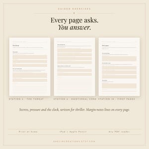 May include: Three digital guided exercise pages with beige backgrounds and dark text. The pages are titled The Threat, The emotional core, and First pages. Each page includes prompts and blank fields for writing. Text at the bottom reads Print at home, iPad + Apple Pencil, Any PDF reader.