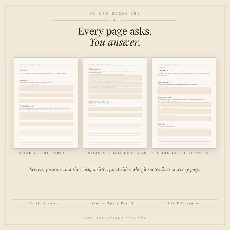 May include: Three digital guided exercise pages with beige backgrounds and dark text. The pages are titled The Threat, The emotional core, and First pages. Each page includes prompts and blank fields for writing. Text at the bottom reads Print at home, iPad + Apple Pencil, Any PDF reader.