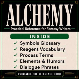 May include: A printable PDF reference guide titled Alchemy: Practical Reference for Fantasy Writers. The document lists contents including a Symbols Glossary, Reagent Vocabulary, Process Terms, Elements & Humors, and Dialogue Phrases with green checkmarks.