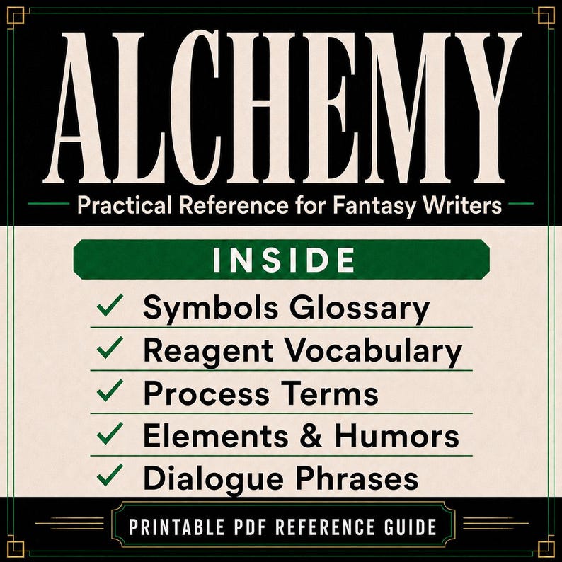 May include: A printable PDF reference guide titled Alchemy: Practical Reference for Fantasy Writers. The document lists contents including a Symbols Glossary, Reagent Vocabulary, Process Terms, Elements & Humors, and Dialogue Phrases with green checkmarks.