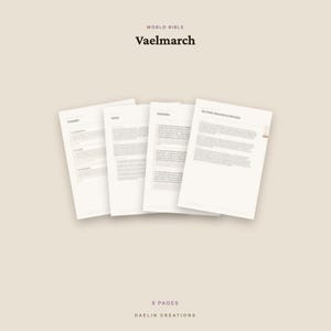 Puede incluir: Un conjunto de cuatro p&aacute;ginas de documentos blancas dispuestas en abanico, con texto en negro. La parte superior de la imagen muestra el texto World Bible Vaelmarch, y la parte inferior incluye el texto 9 PAGES DAELIN CREATIONS sobre fondo beige.