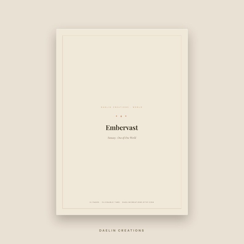 Puede incluir: Una portada de planificador digital rectangular en un tono beige claro con un borde fino. El texto dice: DAELIN CREATIONS WORLD, Embervast, January - One-of-One World, 15 PAGES CLICKABLE TABS DAELINCREATIONS.ETSY.COM y DAELIN CREATIONS en la parte inferior.