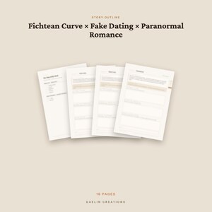 May include: A 16-page story outline template featuring the text Fichtean Curve x Fake Dating x Paranormal Romance at the top and Daelin Creations at the bottom. The document consists of four white pages with structured sections and light tan accents.