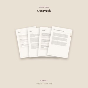 K&ouml;nnte beinhalten: Vier wei&szlig;e Papierseiten mit schwarzem Text, die f&auml;cherf&ouml;rmig angeordnet sind. Der obere Text lautet World Bible Ossaveth. Der untere Text lautet 9 PAGES DAELIN CREATIONS. Die Seiten enthalten Spalten mit gedrucktem Text auf beigem Grund.
