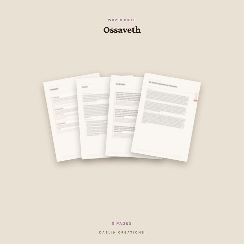 K&ouml;nnte beinhalten: Vier wei&szlig;e Papierseiten mit schwarzem Text, die f&auml;cherf&ouml;rmig angeordnet sind. Der obere Text lautet World Bible Ossaveth. Der untere Text lautet 9 PAGES DAELIN CREATIONS. Die Seiten enthalten Spalten mit gedrucktem Text auf beigem Grund.