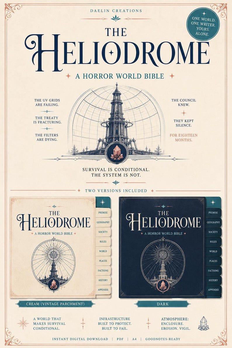 May include: A digital world bible titled The Heliodrome, featuring a central tower illustration, text detailing horror world lore, and two versions in cream and dark color schemes. Includes tabbed sections for premise, geography, society, and rules.