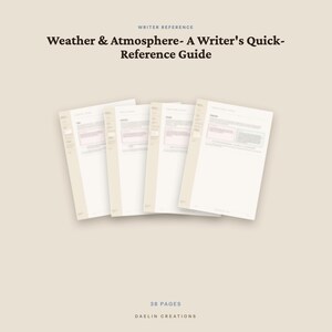 K&ouml;nnte beinhalten: Ein 38-seitiger Referenzleitfaden f&uuml;r Autoren mit dem Titel Weather & Atmosphere- A Writer's Quick-Reference Guide von Daelin Creations. Das Dokument besteht aus mehreren wei&szlig;en Seiten mit beigen Seitenr&auml;ndern und gedrucktem Text.