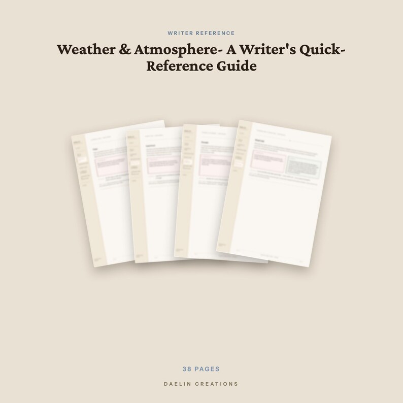 K&ouml;nnte beinhalten: Ein 38-seitiger Referenzleitfaden f&uuml;r Autoren mit dem Titel Weather & Atmosphere- A Writer's Quick-Reference Guide von Daelin Creations. Das Dokument besteht aus mehreren wei&szlig;en Seiten mit beigen Seitenr&auml;ndern und gedrucktem Text.