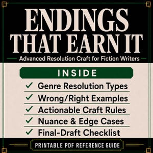Op de afbeelding: Een printbare PDF-referentiegids getiteld Endings That Earn It: Advanced Resolution Craft for Fiction Writers. Het document bevat een lijst met onderwerpen zoals Genre Resolution Types, Wrong/Right Examples, Actionable Craft Rules, Nuance & Edge Cases en een Final-Draft Checklist.
