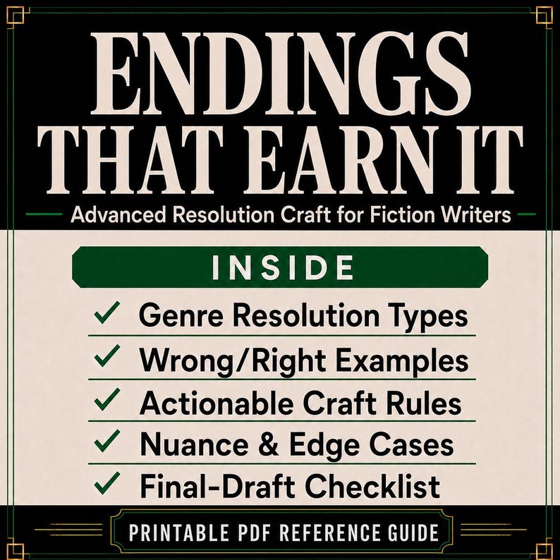 Op de afbeelding: Een printbare PDF-referentiegids getiteld Endings That Earn It: Advanced Resolution Craft for Fiction Writers. Het document bevat een lijst met onderwerpen zoals Genre Resolution Types, Wrong/Right Examples, Actionable Craft Rules, Nuance & Edge Cases en een Final-Draft Checklist.