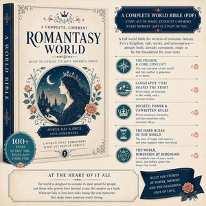May include: A digital book cover titled A Complete, Coherent Romantasy World, featuring an illustration of a crowned figure, a crescent moon, and roses. The text includes Power has a price. Love remembers. and details about a world bible for writers.