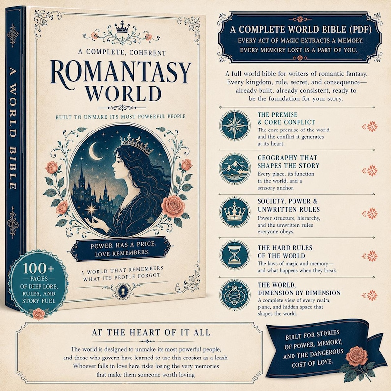 May include: A digital book cover titled A Complete, Coherent Romantasy World, featuring an illustration of a crowned figure, a crescent moon, and roses. The text includes Power has a price. Love remembers. and details about a world bible for writers.