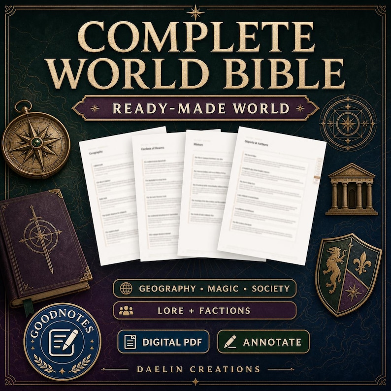 May include: A digital planner titled COMPLETE WORLD BIBLE READY-MADE WORLD featuring four white pages of text, a purple book with a compass emblem, a gold compass, a temple icon, and a shield. Includes labels for Geography, Magic, Society, and Lore.