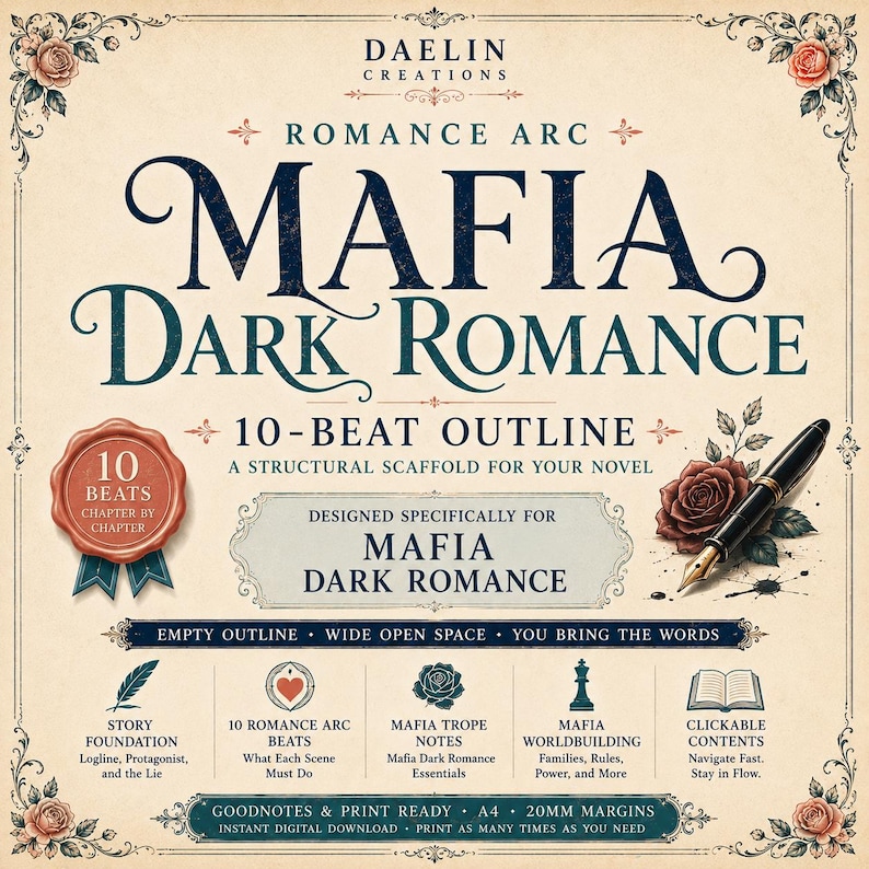 Op de afbeelding: Een digitaal document getiteld Romance Arc Mafia Dark Romance 10-Beat Outline door Daelin Creations. Het bevat een vulpen, rode rozen en een waszegel-icoon. De tekst bevat secties voor verhaalstructuur, beats, tropes en worldbuilding.