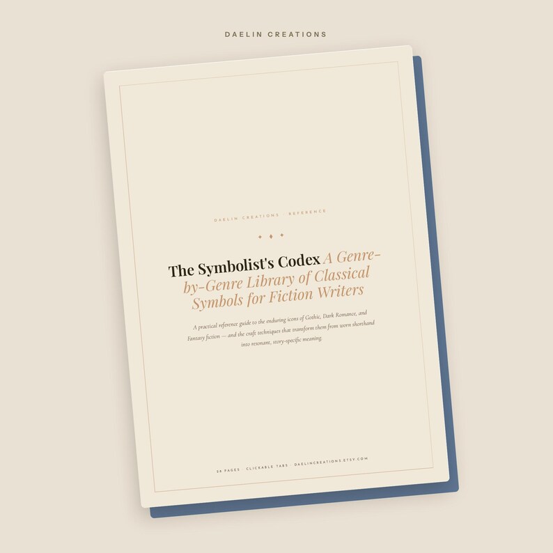 K&ouml;nnte beinhalten: Ein rechteckiger Referenzleitfaden mit dem Titel The Symbolist's Codex: A Genre-by-Genre Library of Classical Symbols for Fiction Writers. Der Einband ist cremefarben mit schwarzem und beigem Text, einem d&uuml;nnen Rand und einer dunkelblauen R&uuml;ckseite.