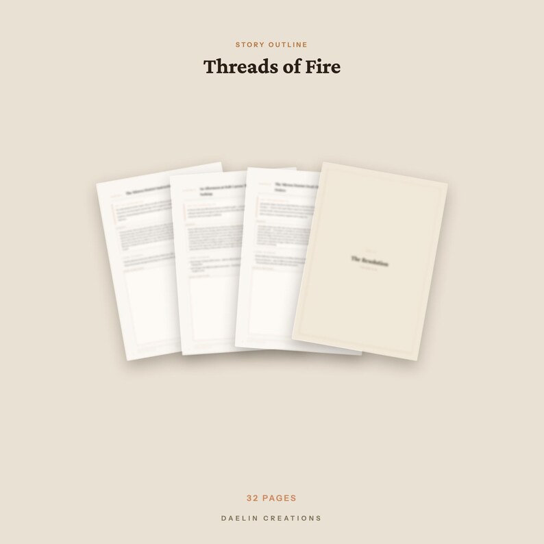 K&ouml;nnte beinhalten: Ein Story-Outline-Dokument mit dem Titel Threads of Fire, bestehend aus einem beigen Einband und drei Innenseiten mit Text. Das Dokument umfasst 32 Seiten und ist mit Daelin Creations beschriftet. Das Layout ist klar mit dunklem Text.