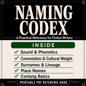 May include: A digital reference guide titled NAMING CODEX: A Practical Reference for Fiction Writers. The text lists contents including Sound & Phonetics, Connotation & Cultural Weight, Surnames & Lineage, Place Names, and Conlang Basics as a PDF.
