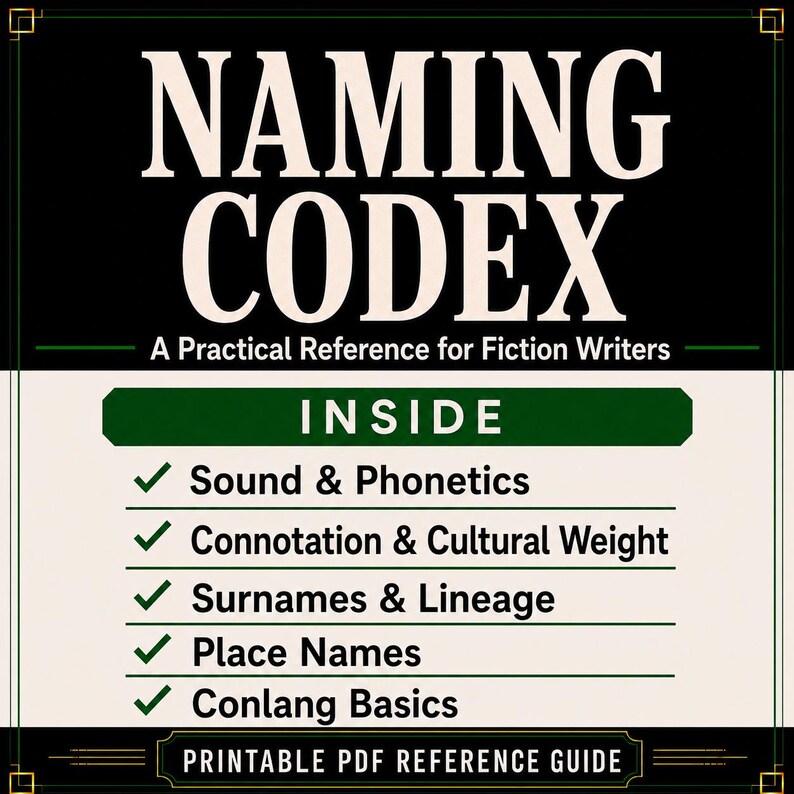 May include: A digital reference guide titled NAMING CODEX: A Practical Reference for Fiction Writers. The text lists contents including Sound & Phonetics, Connotation & Cultural Weight, Surnames & Lineage, Place Names, and Conlang Basics as a PDF.