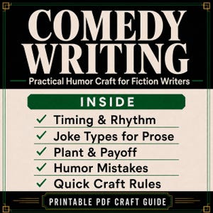 Pu&ograve; includere: Una guida pratica in formato PDF stampabile intitolata COMEDY WRITING Practical Humor Craft for Fiction Writers. Il documento elenca contenuti tra cui Timing & Rhythm, Joke Types for Prose, Plant & Payoff, Humor Mistakes e Quick Craft Rules.