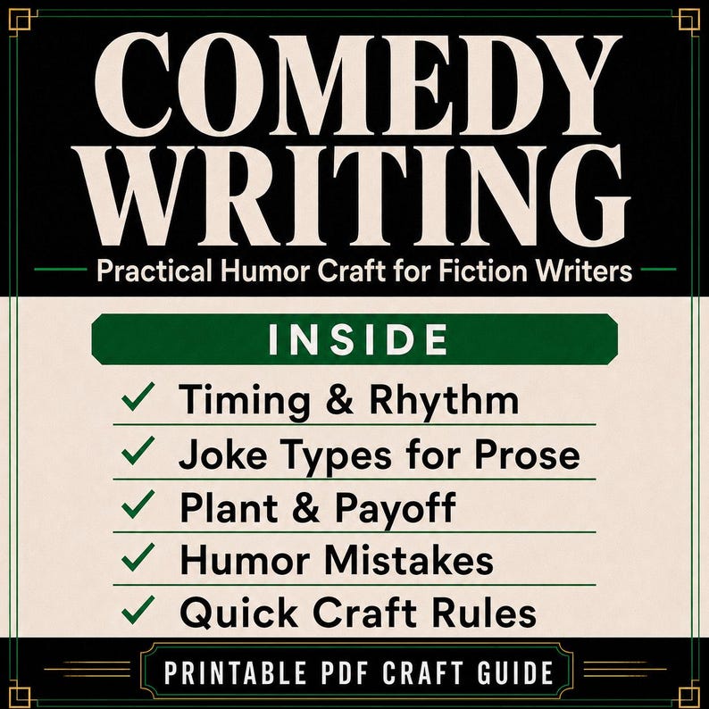 Pu&ograve; includere: Una guida pratica in formato PDF stampabile intitolata COMEDY WRITING Practical Humor Craft for Fiction Writers. Il documento elenca contenuti tra cui Timing & Rhythm, Joke Types for Prose, Plant & Payoff, Humor Mistakes e Quick Craft Rules.