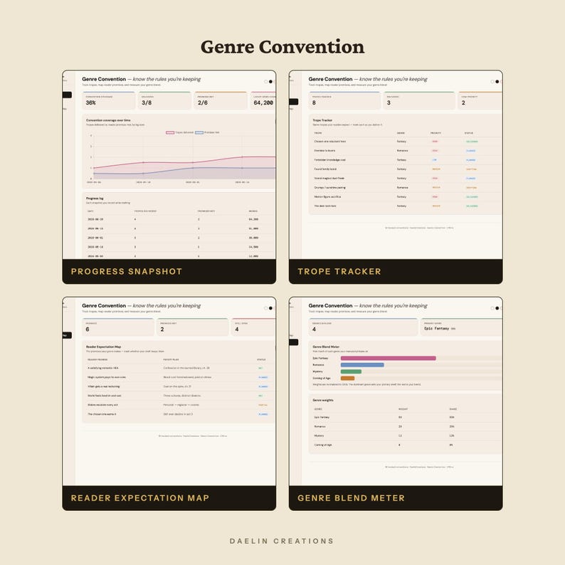 May include: A digital dashboard titled Genre Convention featuring four distinct sections: Progress Snapshot, Trope Tracker, Reader Expectation Map, and Genre Blend Meter. The interface displays various charts, tables, and data points in a clean, organized layout with a light beige background and dark text labels.