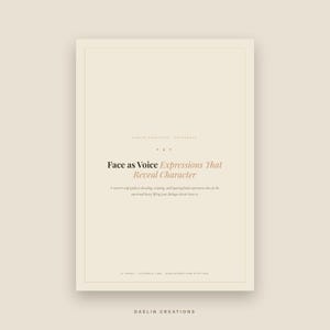 Puede incluir: Una gu&iacute;a de referencia digital beige titulada Face as Voice Expressions That Reveal Character. La portada presenta texto en negro y beige, incluido el subt&iacute;tulo A writer's craft guide to decoding, scripting, and layering facial expressions.