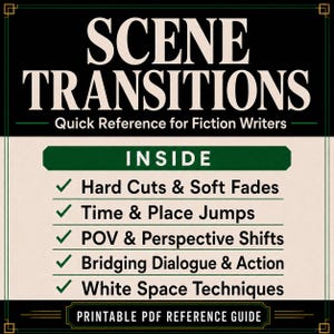 May include: A rectangular reference guide titled SCENE TRANSITIONS Quick Reference for Fiction Writers. The text lists INSIDE: Hard Cuts & Soft Fades, Time & Place Jumps, POV & Perspective Shifts, Bridging Dialogue & Action, and White Space Techniques.