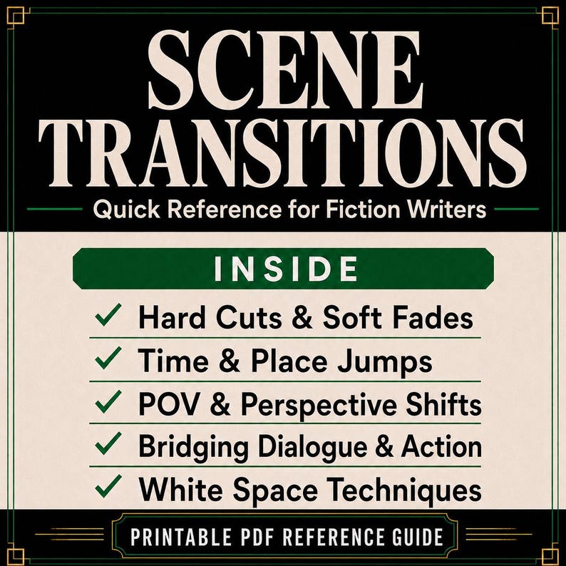 May include: A rectangular reference guide titled SCENE TRANSITIONS Quick Reference for Fiction Writers. The text lists INSIDE: Hard Cuts & Soft Fades, Time & Place Jumps, POV & Perspective Shifts, Bridging Dialogue & Action, and White Space Techniques.