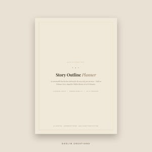 Op de afbeelding: Een beige digitale plannerpagina met de titel Story Outline Planner. De tekst luidt: An annotatable beat-by-beat skeleton for the story only you can write&mdash;built on Fichtean Curve, shaped for Hidden Identity in Sci-Fi Romance. Bevat 14 hoofdstukken.