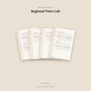 May include: A set of four white paper documents titled Writer Reference Regional Voice Lab, featuring printed text and structured sections. The documents are arranged in a fan shape, totaling 28 pages, with the text Daelin Creations at the bottom.