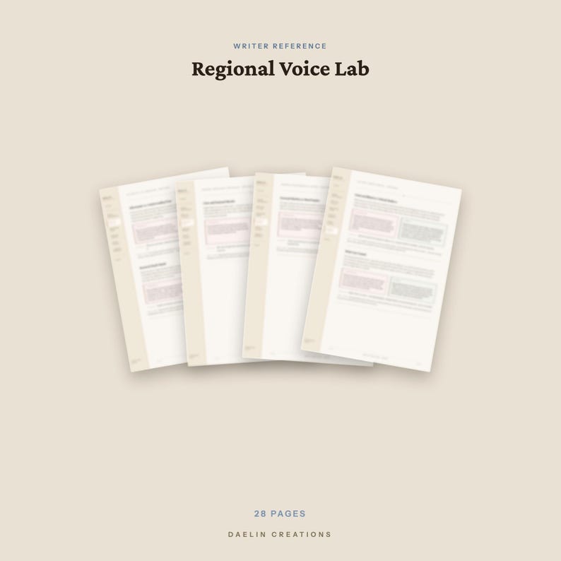 May include: A set of four white paper documents titled Writer Reference Regional Voice Lab, featuring printed text and structured sections. The documents are arranged in a fan shape, totaling 28 pages, with the text Daelin Creations at the bottom.