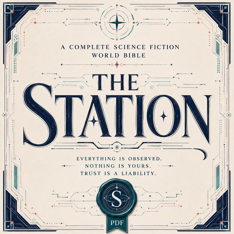 Puede incluir: Un dise&ntilde;o gr&aacute;fico cuadrado con el texto A COMPLETE SCIENCE FICTION WORLD BIBLE, THE STATION y EVERYTHING IS OBSERVED. NOTHING IS YOURS. TRUST IS A LIABILITY. Un sello de cera azul verdoso con la letra S y el texto PDF est&aacute; abajo.