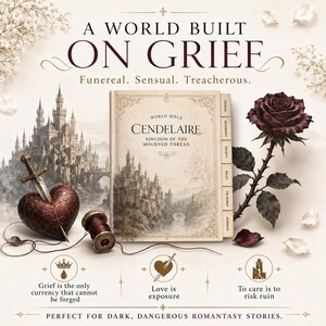 Może przedstawiać: Książka zatytułowana Cendelaire Kingdom of the Mourned Thread z zakładkami, ciemnoczerwoną r&oacute;żą, sercem przebitym mieczem i szpulką nici. Tekst głosi A World Built on Grief, Funereal. Sensual. Treacherous oraz zawiera inne kr&oacute;tkie frazy.