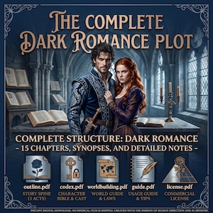 May include: A digital guide titled The Complete Dark Romance Plot featuring a man and woman in historical attire. It includes 15 chapters, synopses, and notes, with five PDF icons labeled outline, codex, worldbuilding, guide, and license.