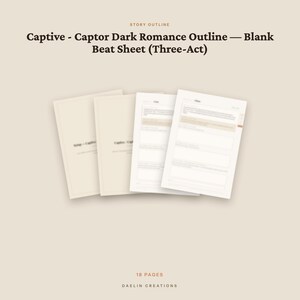 May include: A set of 18 pages titled Captive - Captor Dark Romance Outline &mdash; Blank Beat Sheet (Three-Act) featuring a series of documents with structured sections for writing, presented in a clean, neutral beige color palette by Daelin Creations.