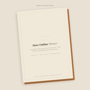 May include: A cream-coloured digital planner page titled Story Outline Planner by Daelin Creations. The text includes An annotatable beat-by-beat skeleton for the story only you can write, Romance Arc, Hidden Identity, and Paranormal Romance.