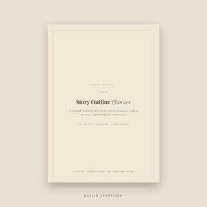 Puede incluir: Una p&aacute;gina de planificador de esquemas de historia digital beige con texto oscuro. El t&iacute;tulo dice Story Outline Planner, seguido de un texto que describe un esqueleto paso a paso para una historia, basado en Save the Cat.